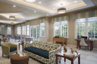 View of a row of windows illuminating a shared recreation space at a senior living community