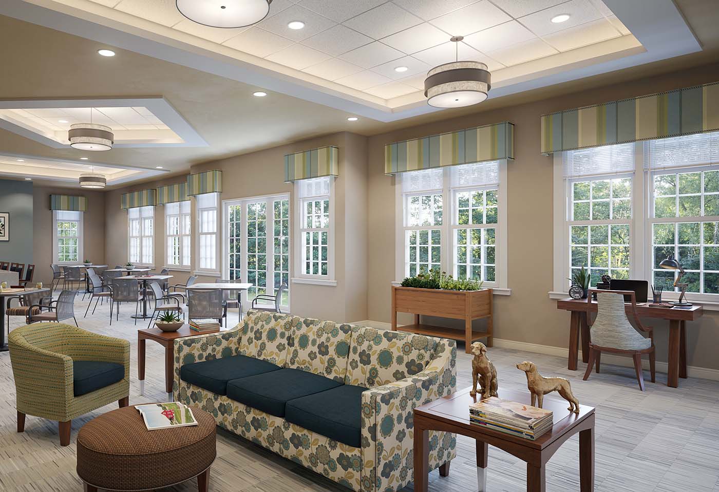 View of a row of windows illuminating a shared recreation space at a senior living community