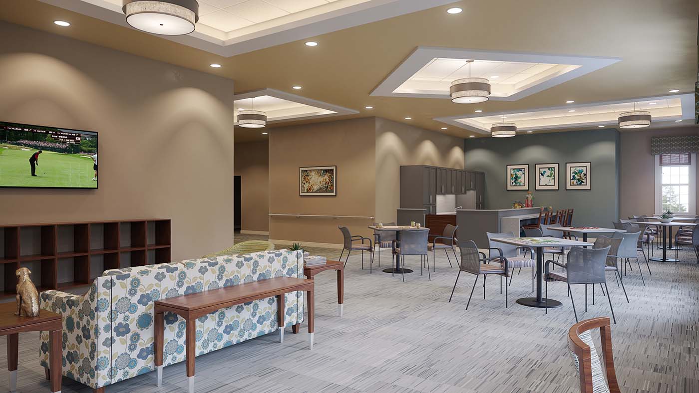 View of a common entertainment area at a senior living community