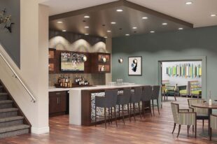 View of a pub-style dining area within a senior living community