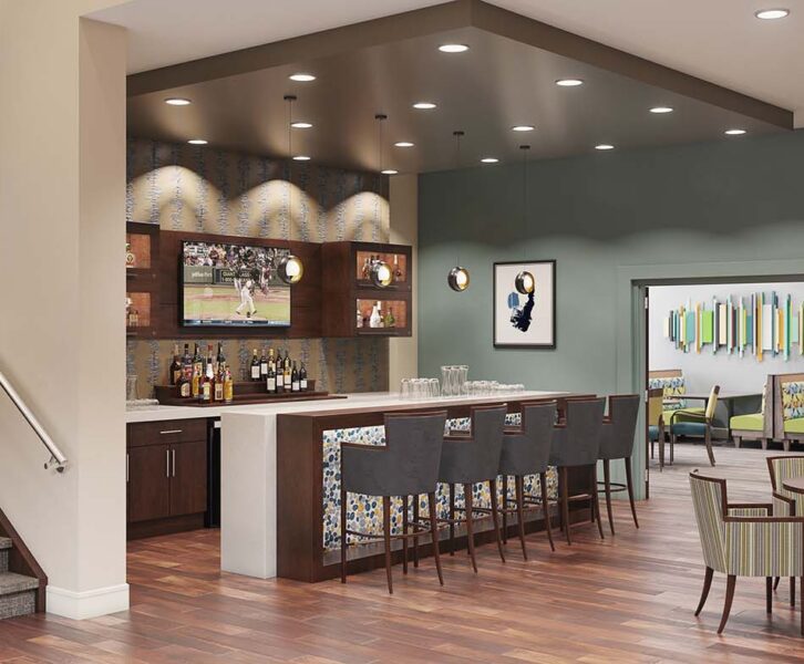 View of a pub-style dining area within a senior living community