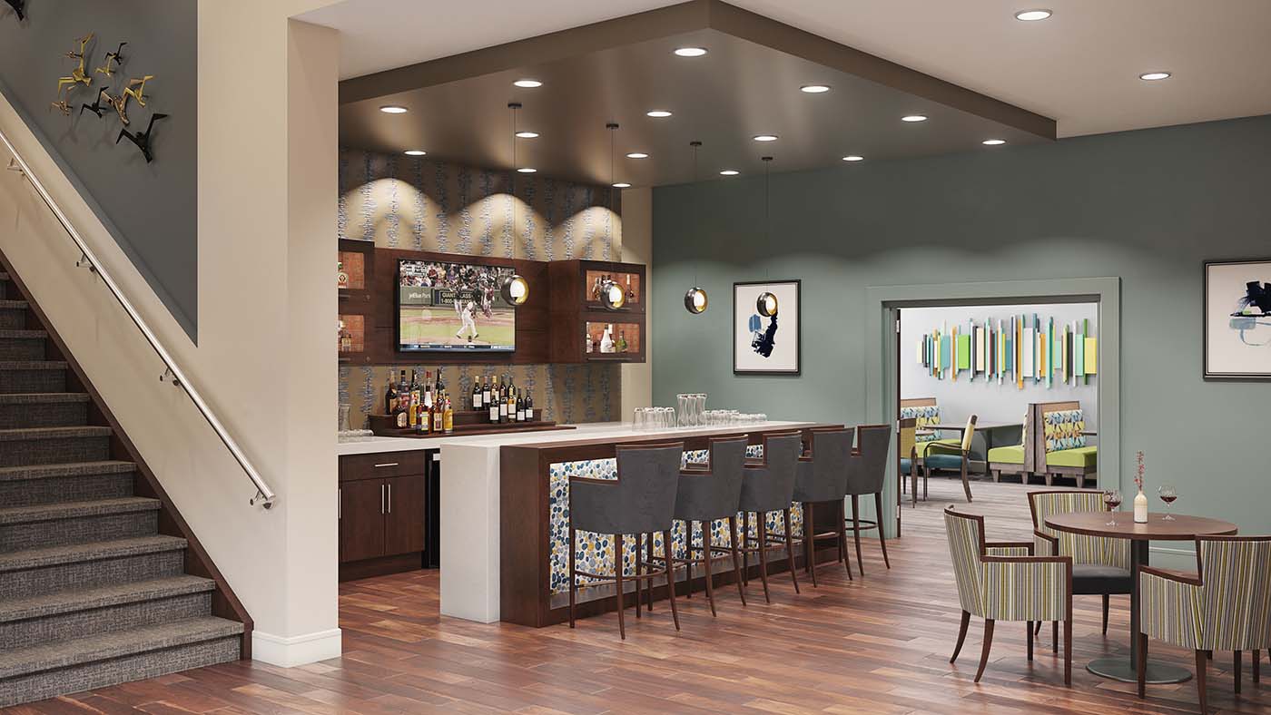 View of a pub-style dining area within a senior living community