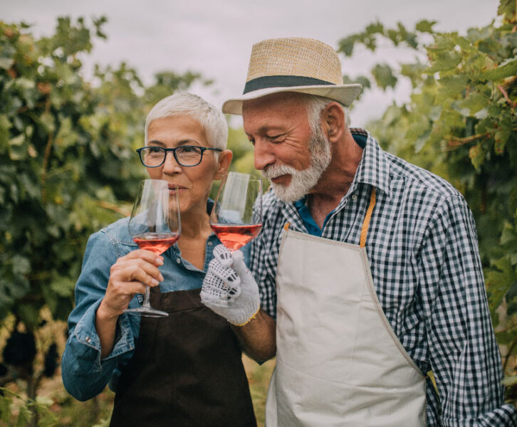 senior couple tasting wine at a vinyard